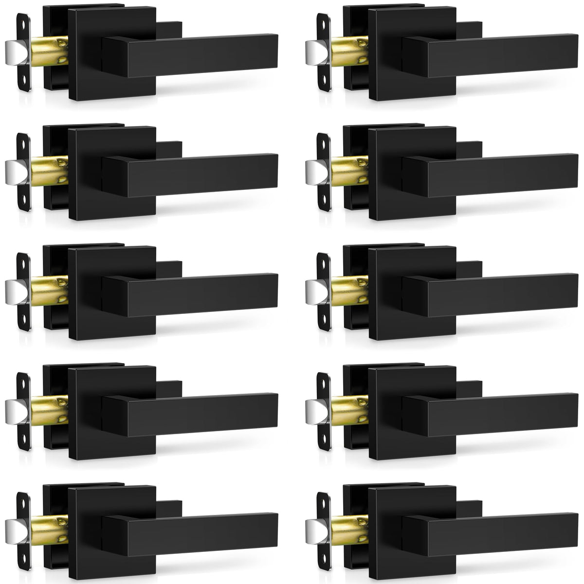 Plustool 10-pack matte black door handles pack shot showing modern square design