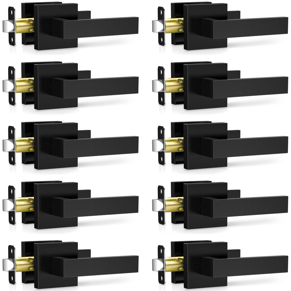 Plustool 10-pack matte black door handles pack shot showing modern square design