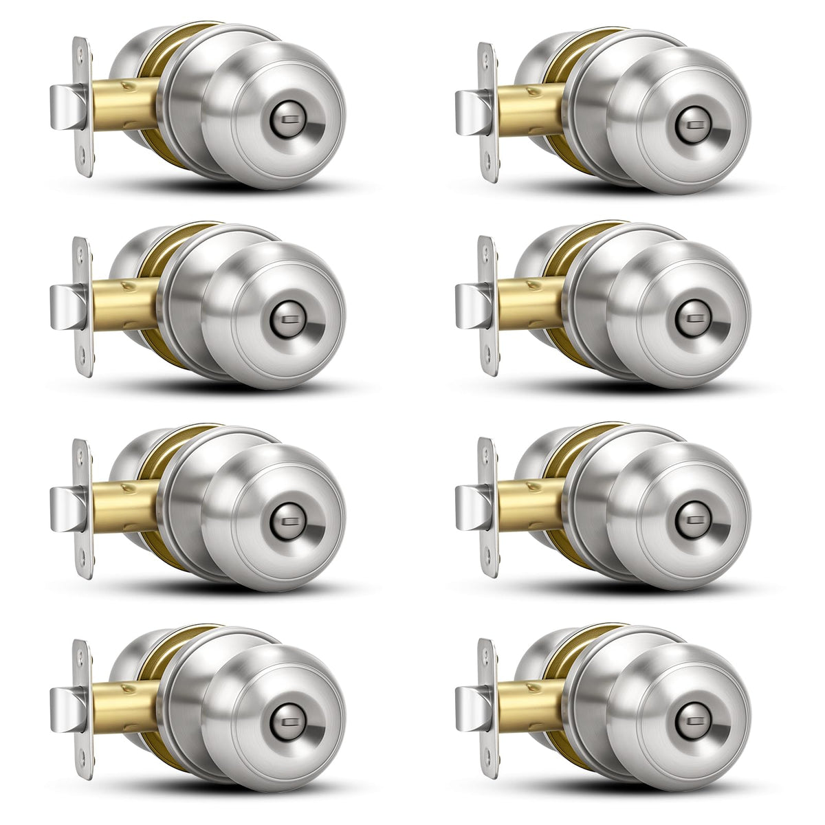 Plustool 8-pack brushed nickel door knobs shown, durable finish for busy homes