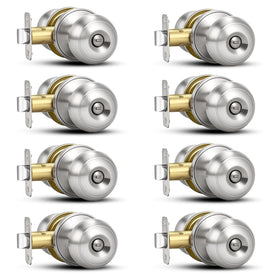 Plustool 8-pack brushed nickel door knobs shown, durable finish for busy homes
