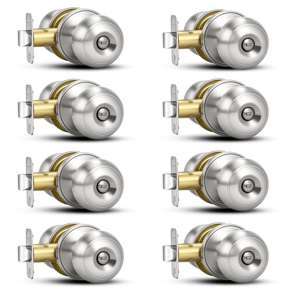 Plustool 8-pack brushed nickel door knobs shown, durable finish for busy homes