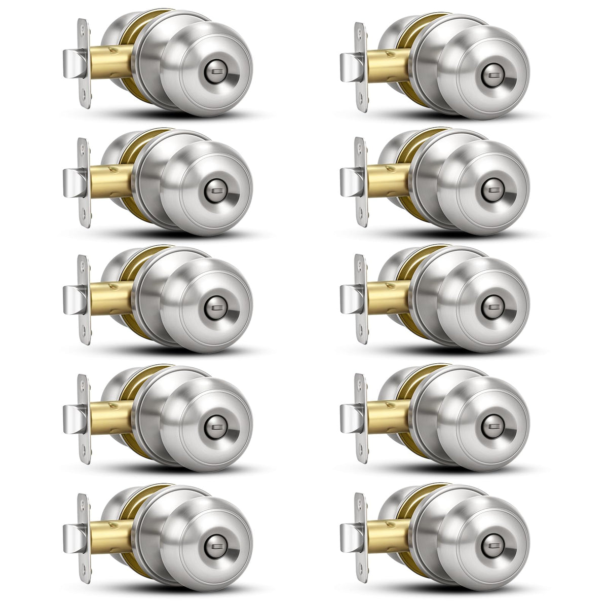 Plustool brushed nickel door knob pack for privacy in homes.