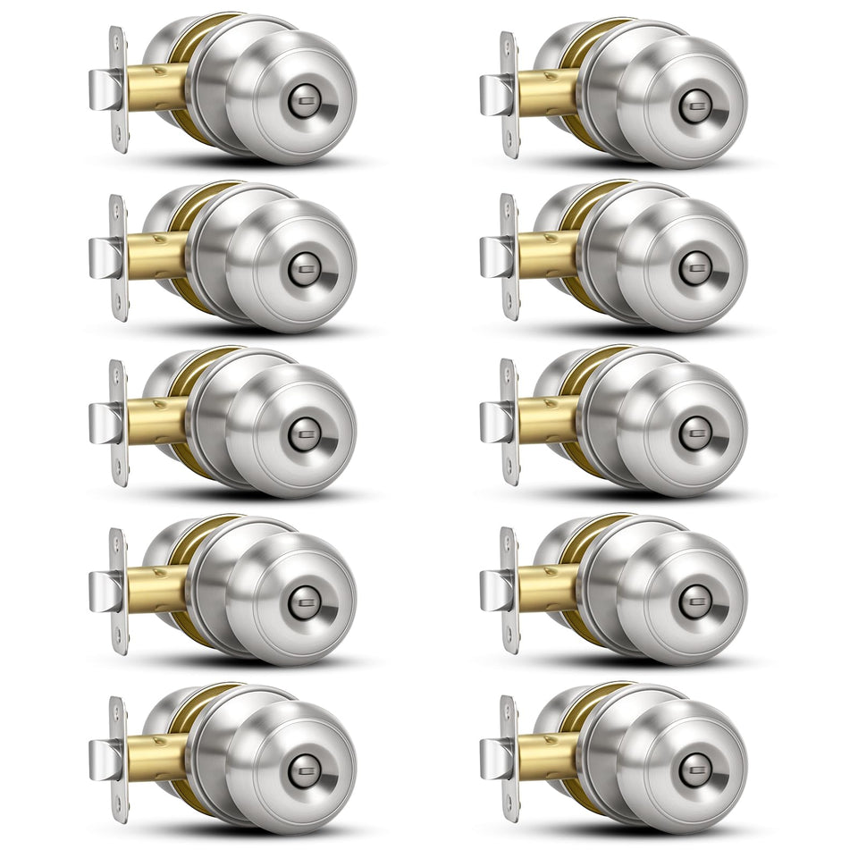 Plustool brushed nickel door knob pack for privacy in homes.