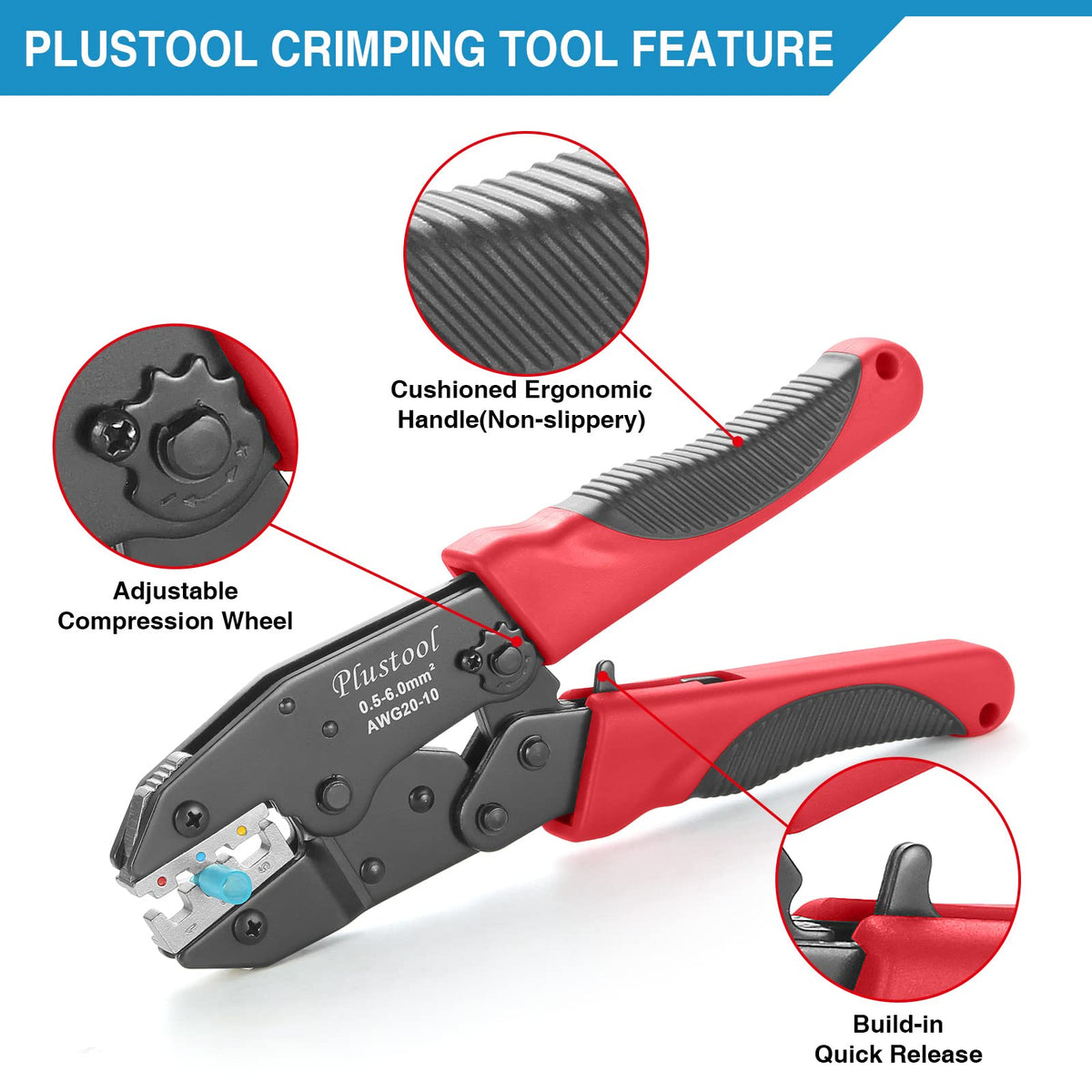 Plustool crimping tool star wheel to adjust crimp height.