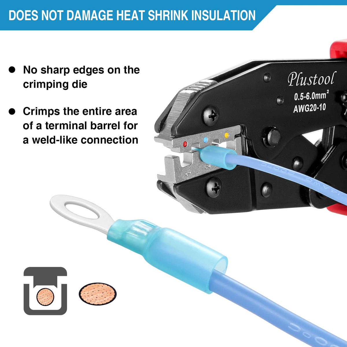 Plustool crimping tool with ergonomic handle for comfortable use.