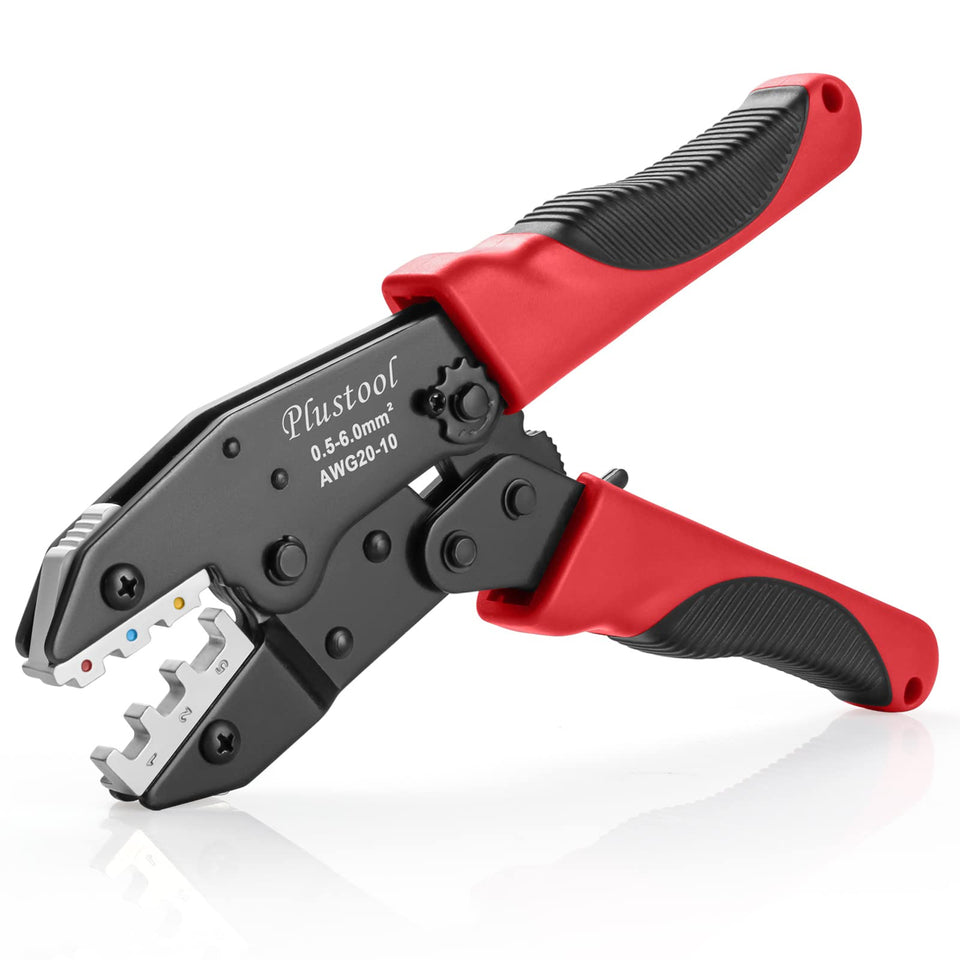 Plustool crimping tool ready for heat shrink connector crimps with AWG22-10.