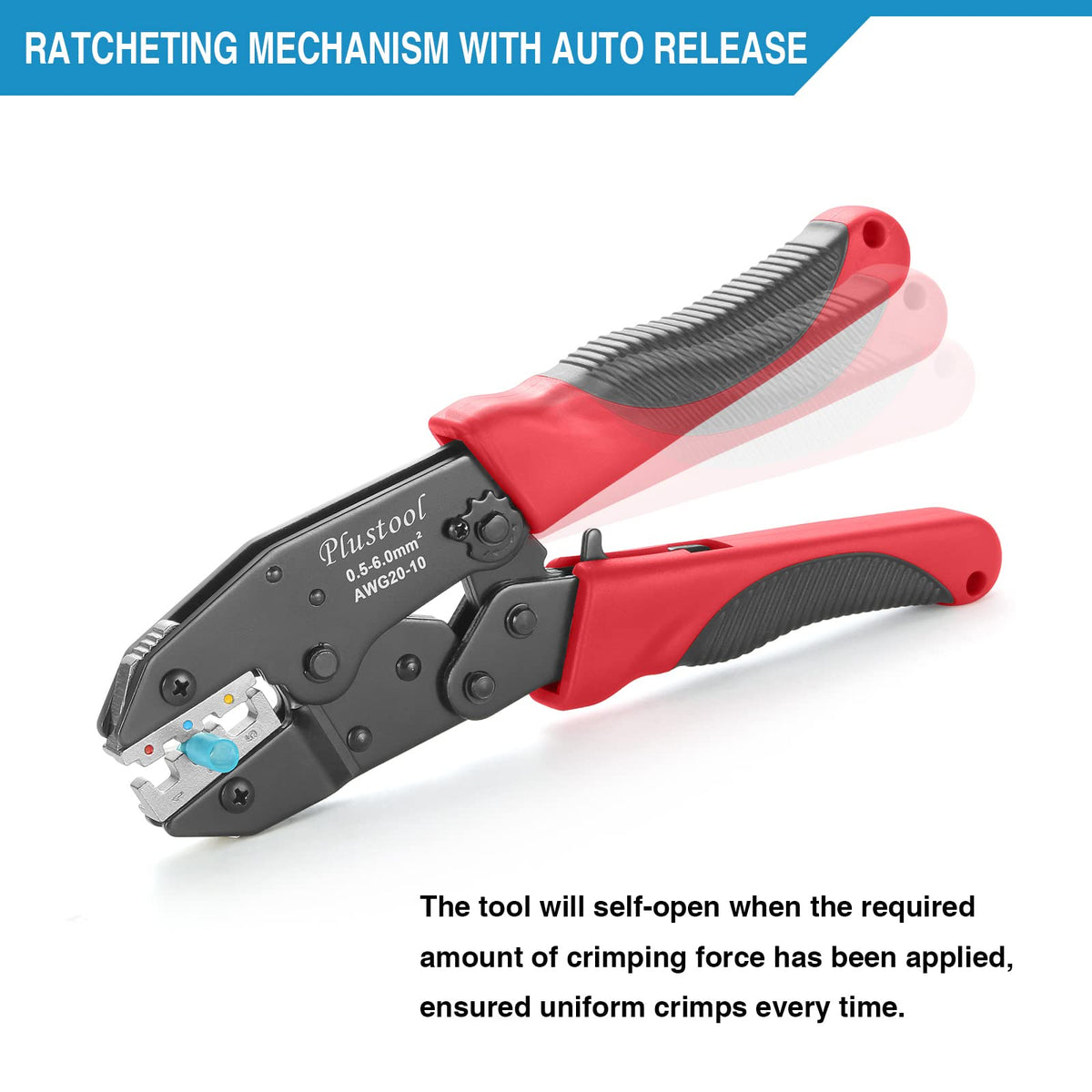 Plustool crimping tool design highlights labor-saving full-cycle ratcheting.
