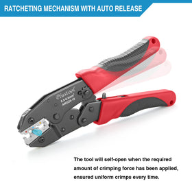 Plustool crimping tool design highlights labor-saving full-cycle ratcheting.
