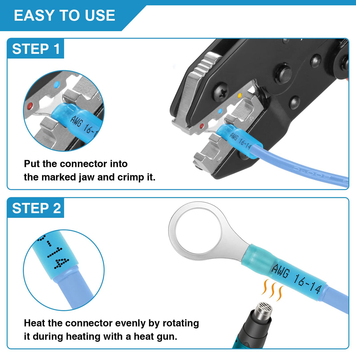 Plustool crimping tool quick-release lever enables easy jaw opening.