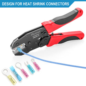 Plustool crimping tool showing ratcheting mechanism for consistent crimps.
