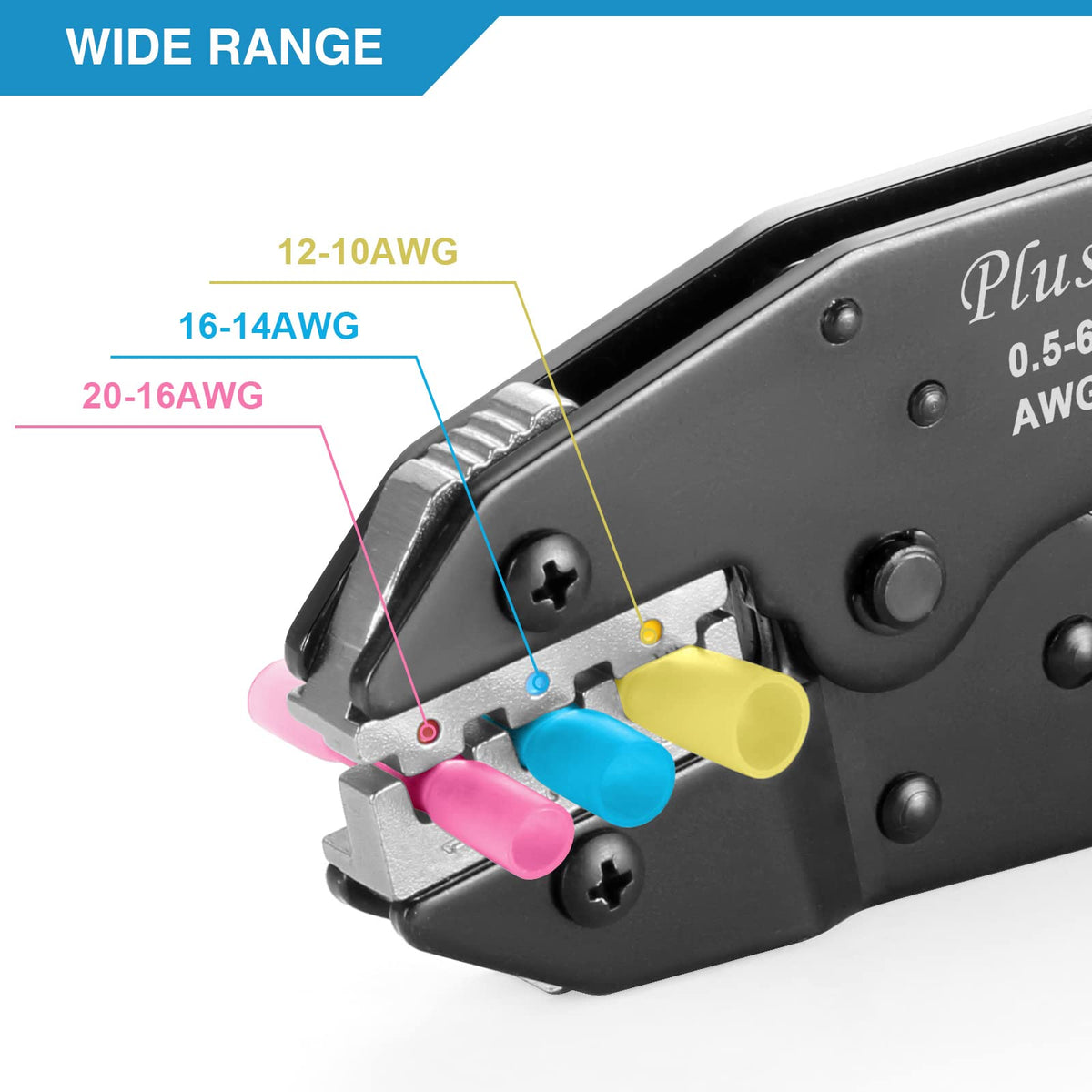 Plustool crimping tool compatible with heat shrink AWG22-10 connectors.