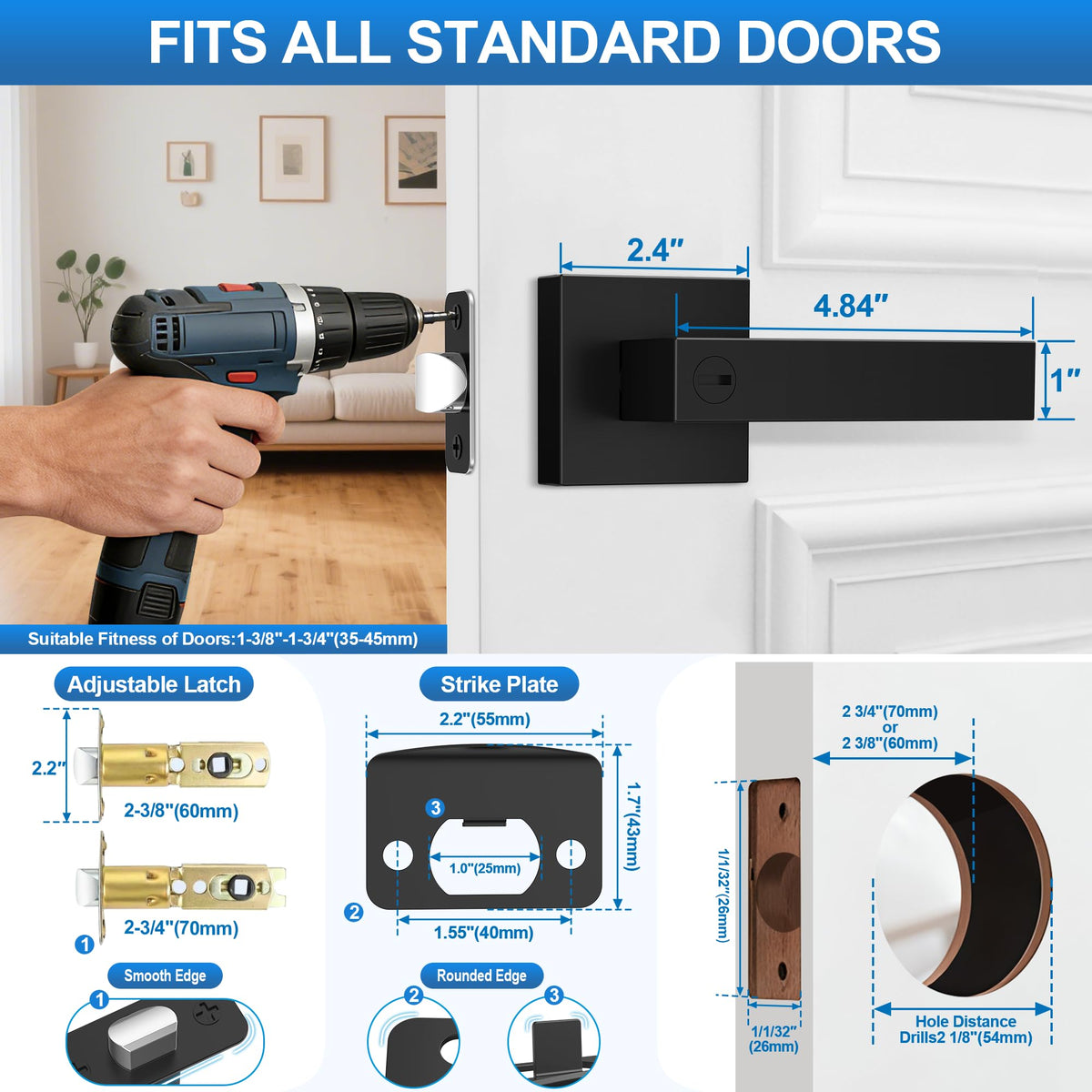 Plustool door lever dimensions visual confirms universal backset compatibility