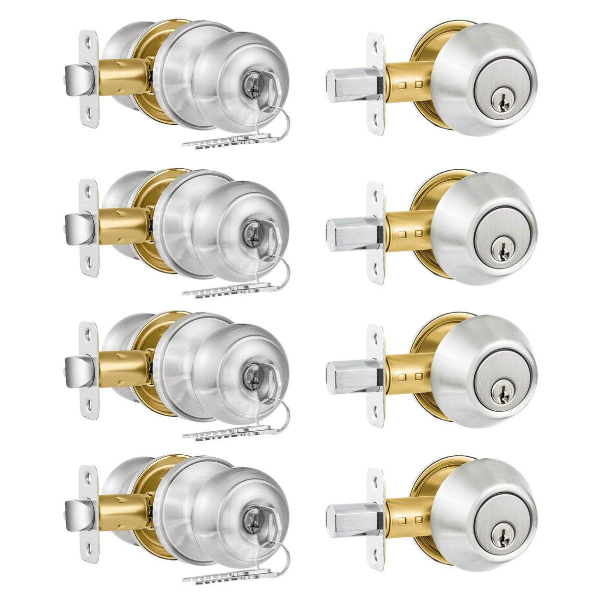 Plustool four-pack exterior door lock set with satin nickel finish for keyed-alike convenience.