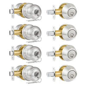 Plustool four-pack exterior door lock set with satin nickel finish for keyed-alike convenience.