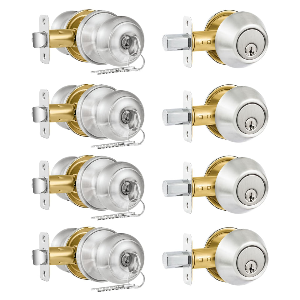 Plustool four-pack exterior door lock set with satin nickel finish for keyed-alike convenience.