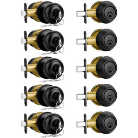 Plustool matte black front door lock set exterior view with unified keys.