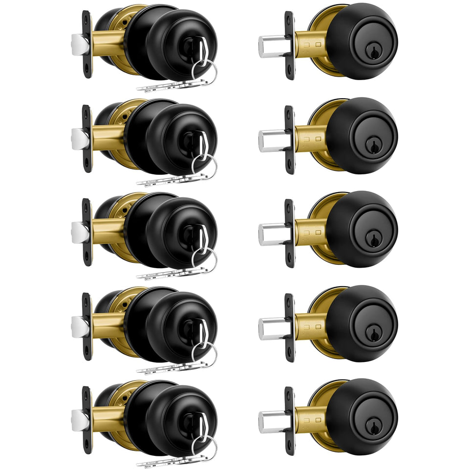Plustool matte black front door lock set exterior view with unified keys.