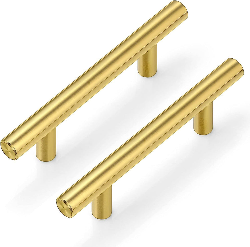 Plustool gold cabinet handle with 3-inch hole center for secure upgrade.