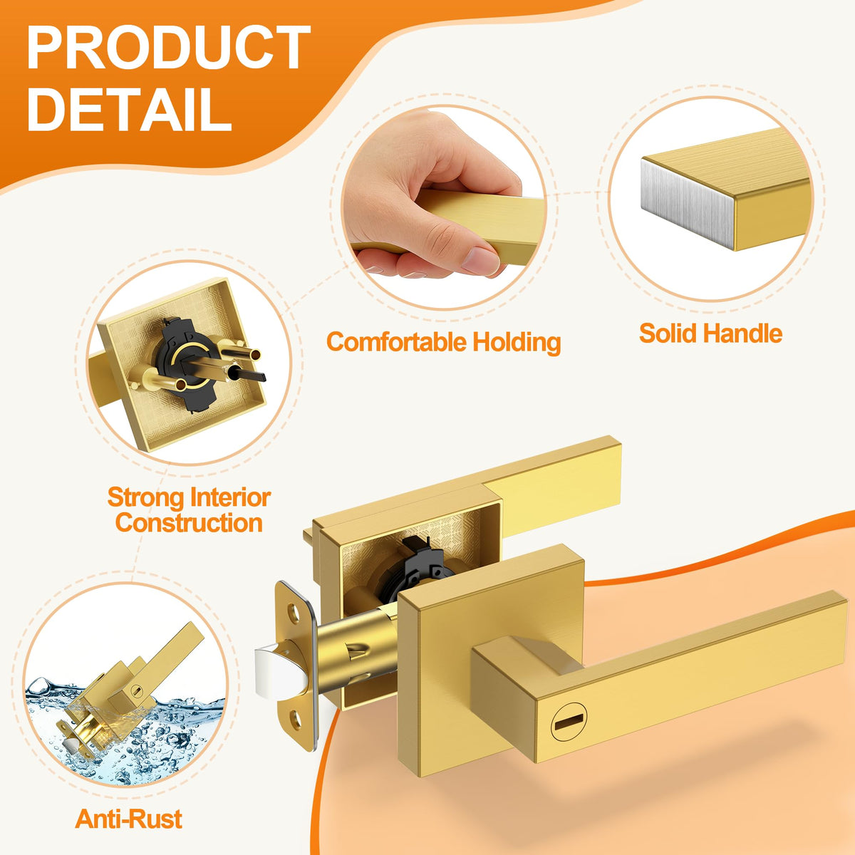 Plustool heavy-duty door handle close-up highlighting rust-resistant zinc alloy and brass parts.