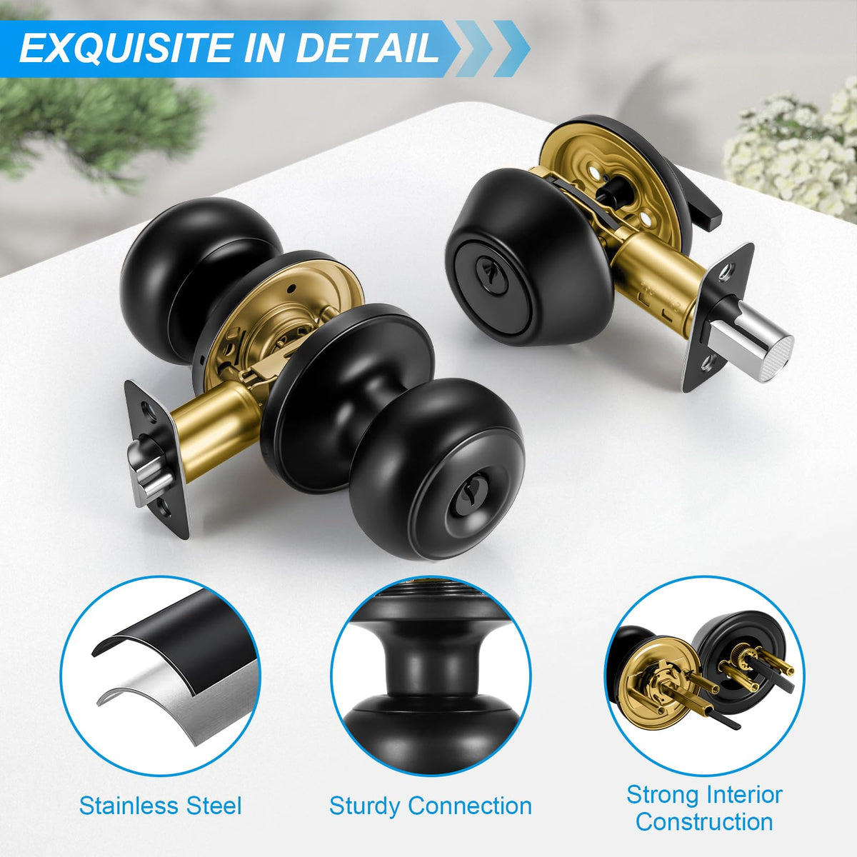 Plustool keyed-alike door knob enables convenient single-key access.