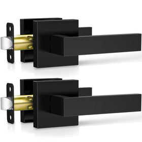 Plustool matte black door handle front view highlighting modern square design for rooms