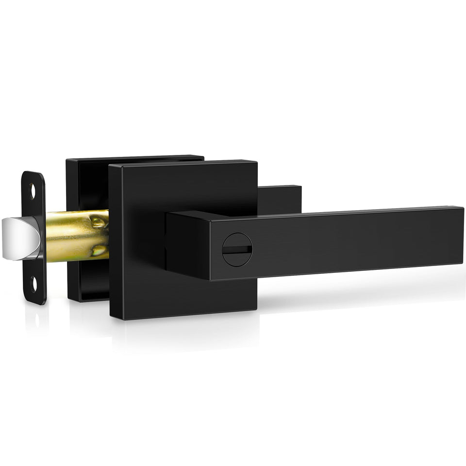 Plustool matte black door handle front view shows minimalist square design for modern interiors