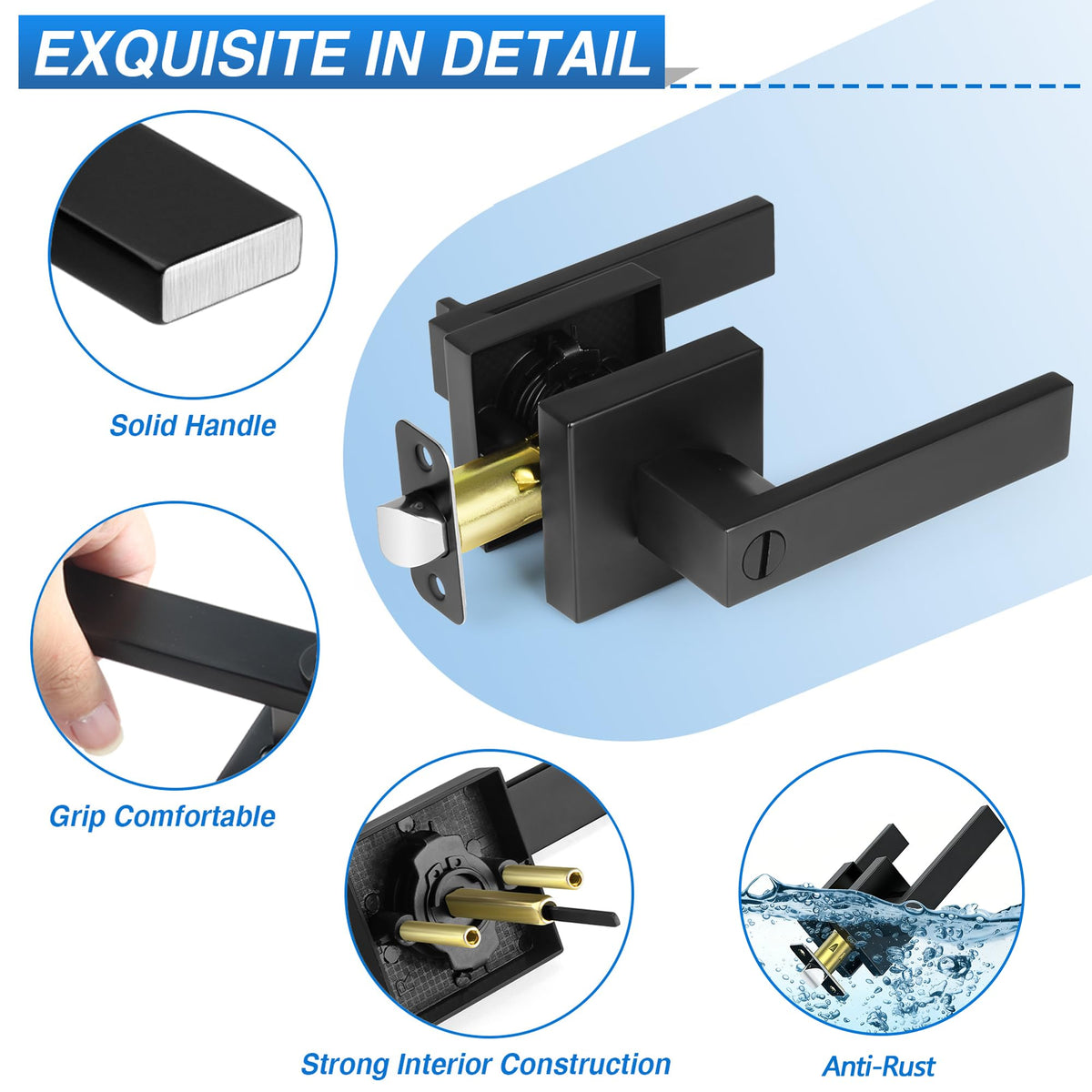 Plustool matte black door lever privacy lock demonstrates secure privacy.