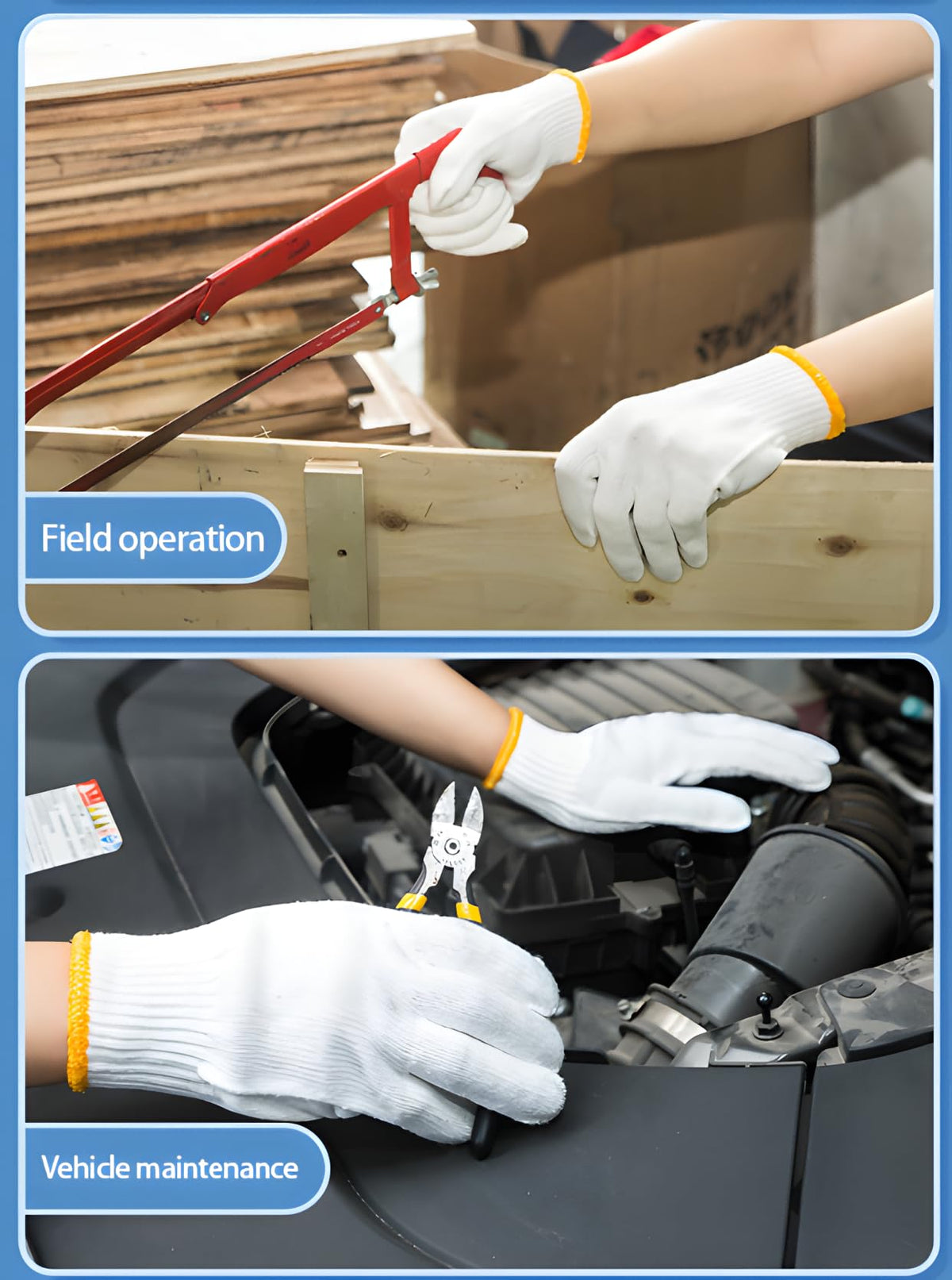 PLWJK safety gloves knit texture close-up highlights breathable fabric.