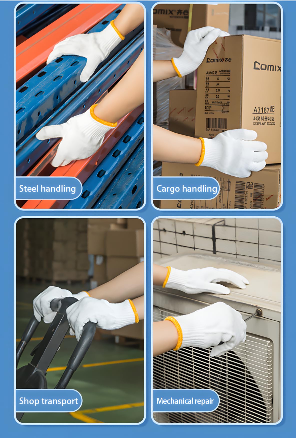 PLWJK safety gloves three-pack close-up shows durable packaging and value.