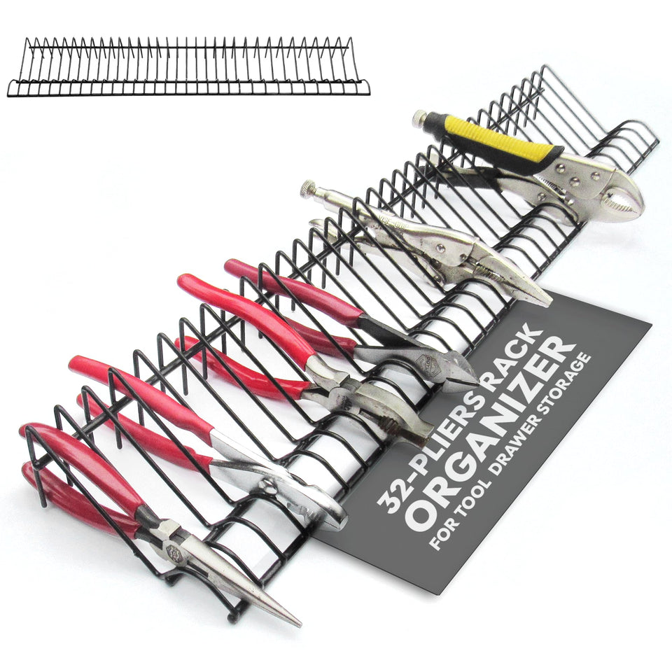 Plyworx pliers rack in a toolbox drawer organizes 32 tools for quick access.