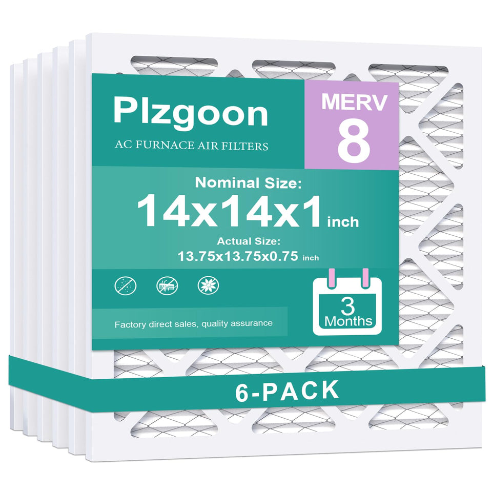 Plzgoon 14x14x1 air filter packaging highlights easy fit and durability