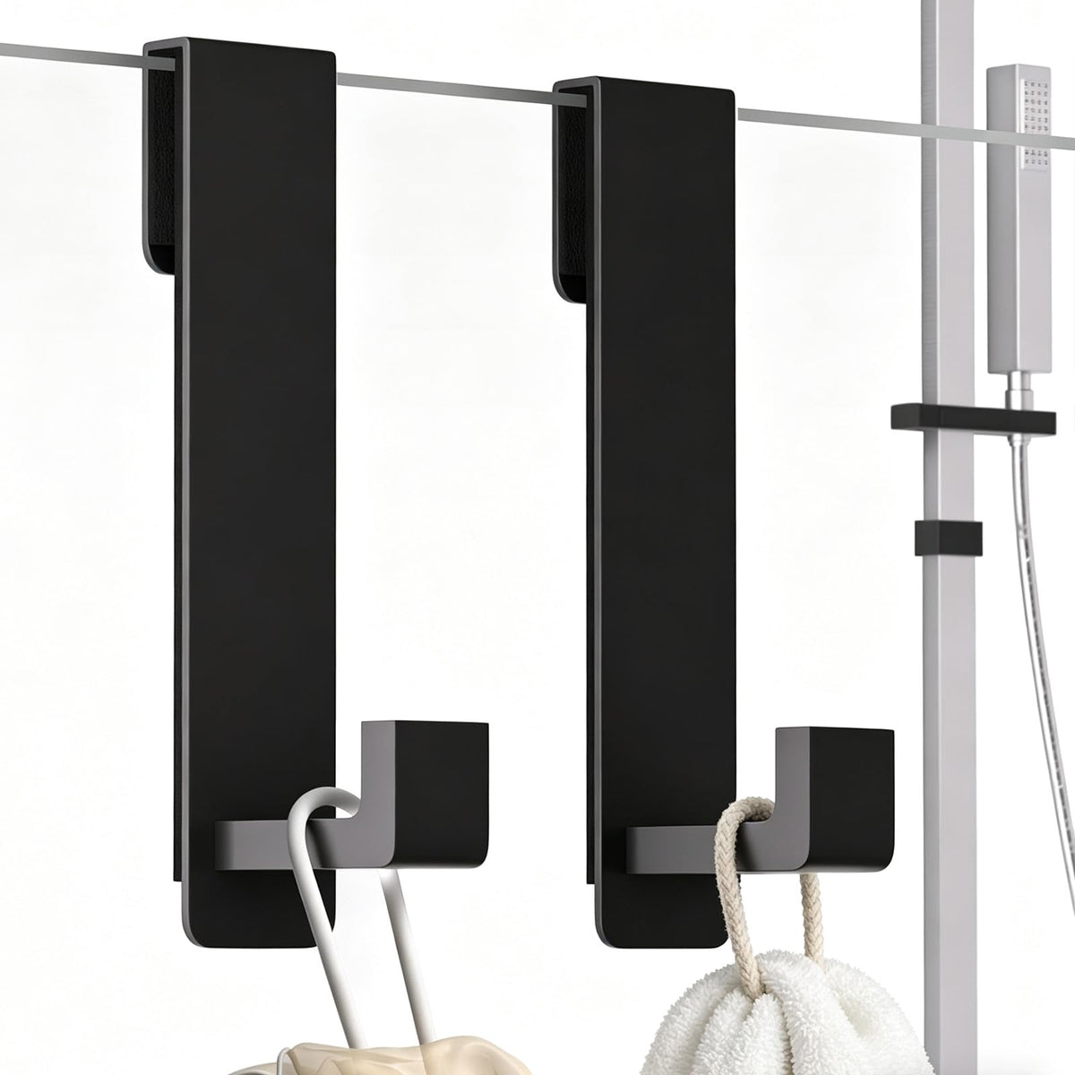 PMMASTO black 2-pack shower door hooks for frameless glass doors.