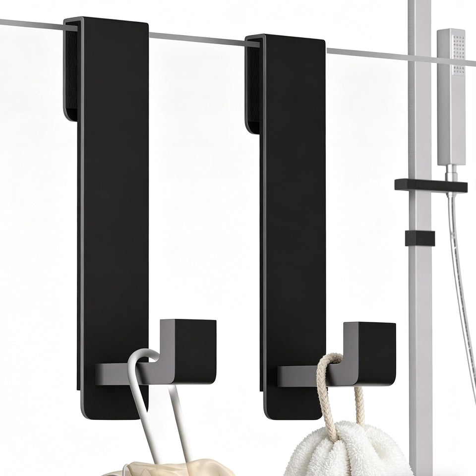 PMMASTO black 2-pack shower door hooks for frameless glass doors.