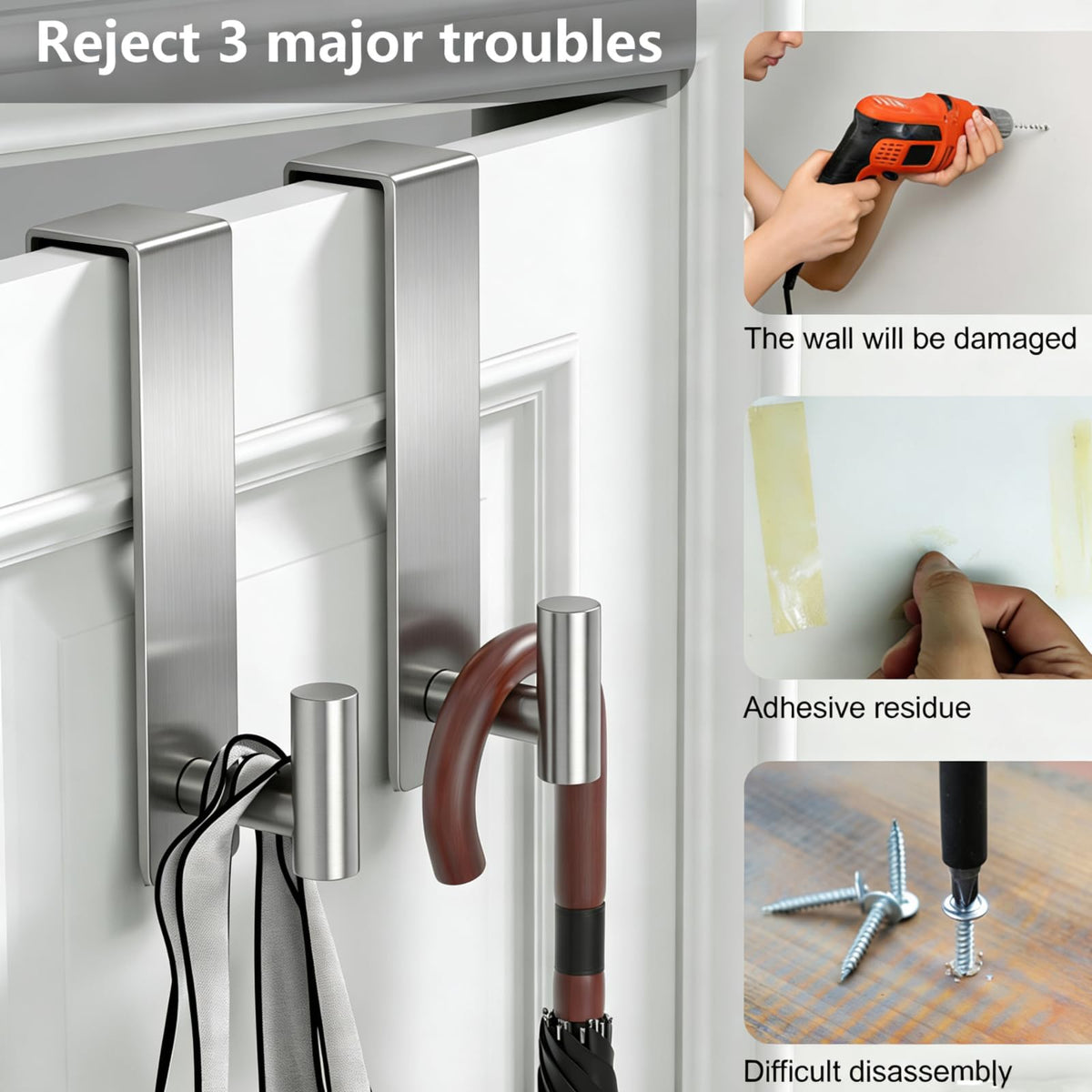 PMMASTO non-slip adhesive backing protects doors while keeping hooks quiet.