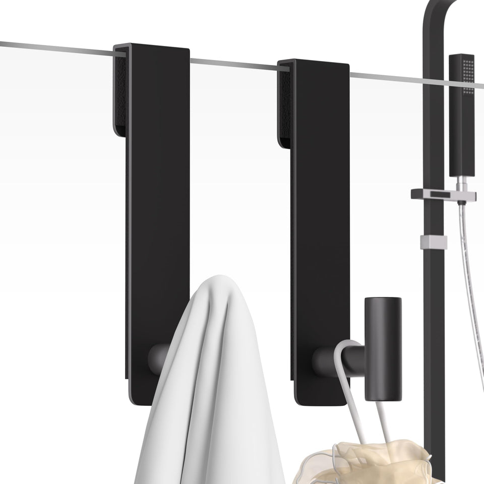 PMMASTO over-the-door hook in black attached to frameless shower for secure towels