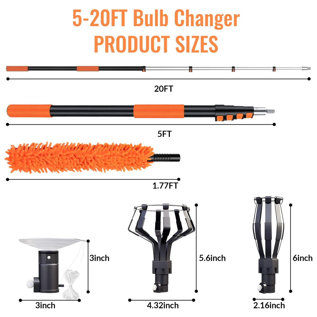 PMMJ 20 ft telescoping extension pole enables overhead bulb access.