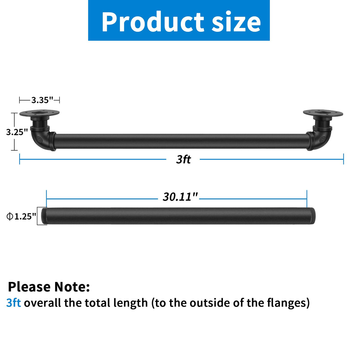 PNBO 3ft wall handrail with wall-mount base for secure installation