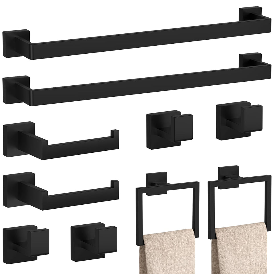 PNWNNH 10-piece matte black bathroom set, wall-mounted for organized towels.