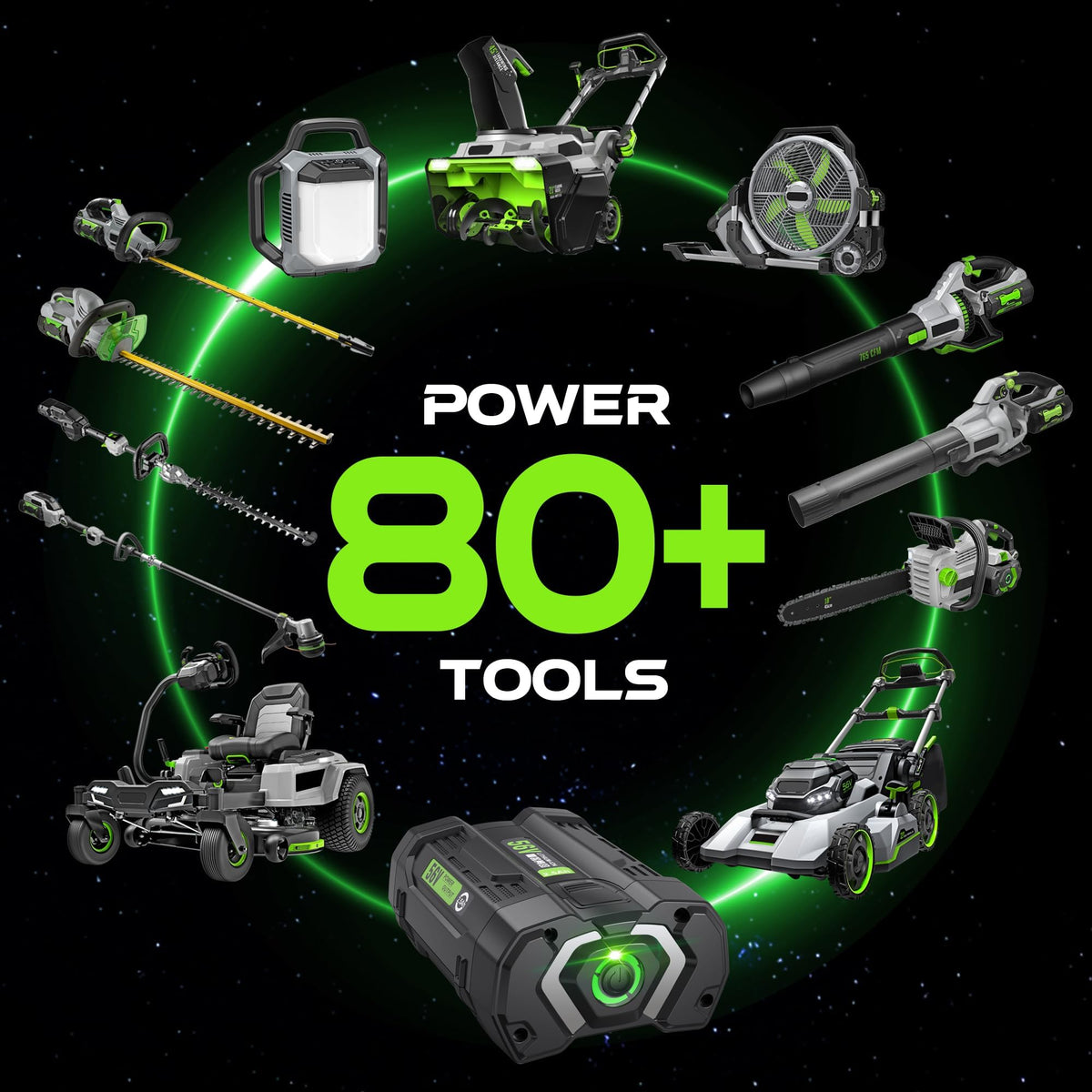 POBNRA 56V battery used with EGO tools for efficient outdoor performance.