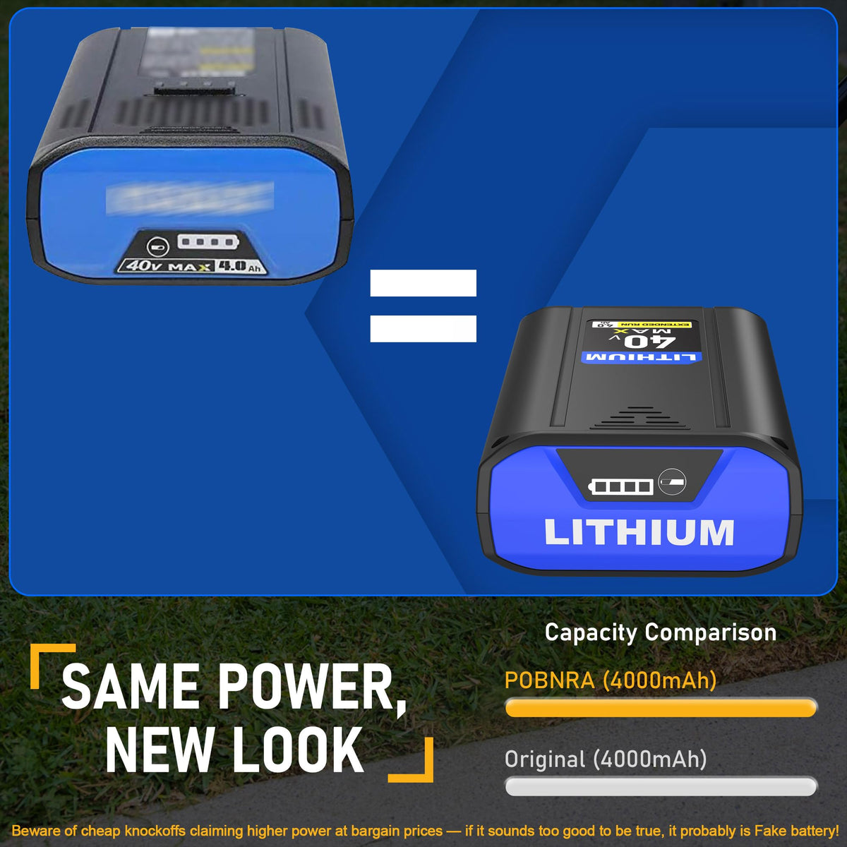 POBNRA replacement battery fits Kobalt 40V tools and chargers.
