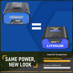 POBNRA replacement battery fits Kobalt 40V tools and chargers.