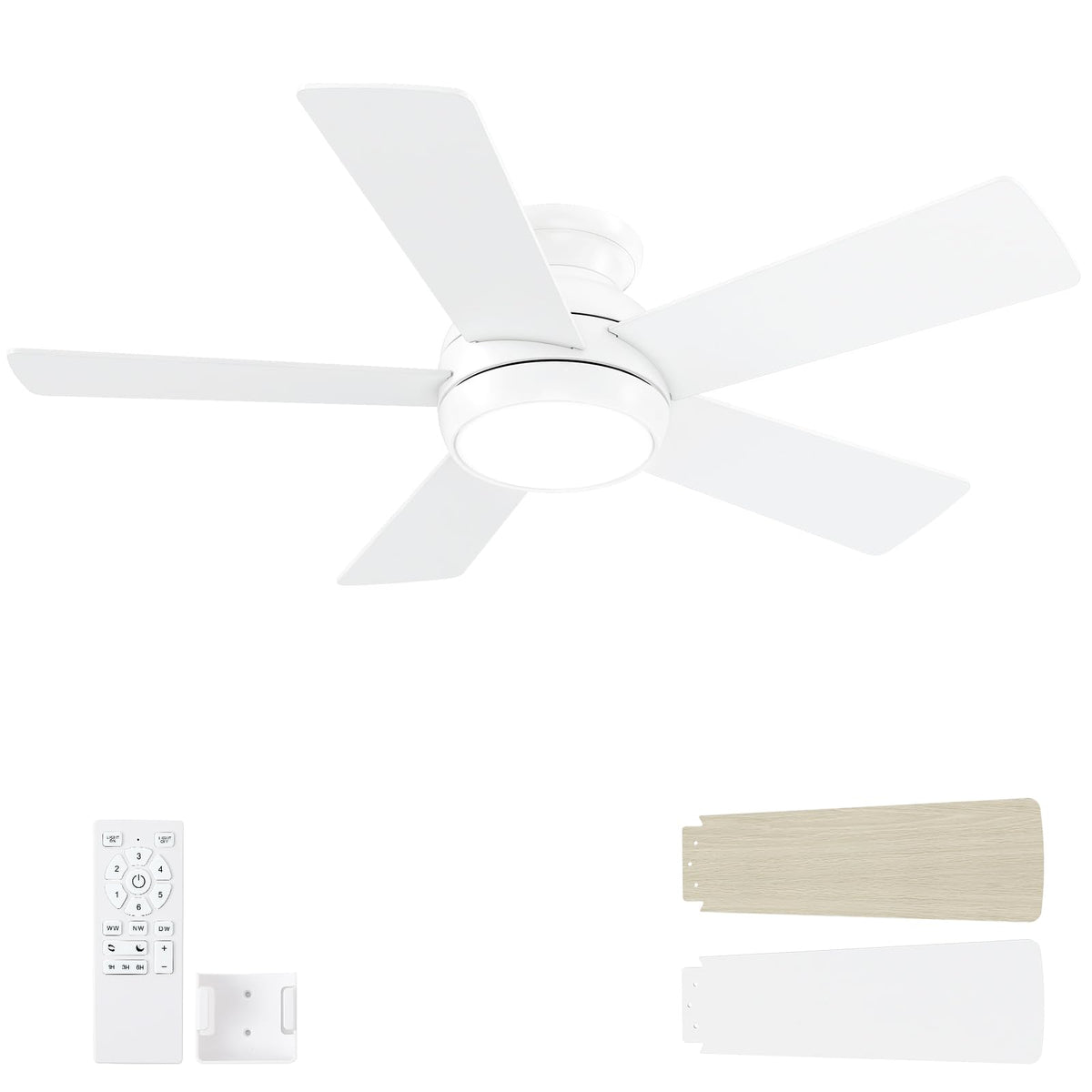 POCHFAN 42-inch white ceiling fan with remote, ideal for living rooms.