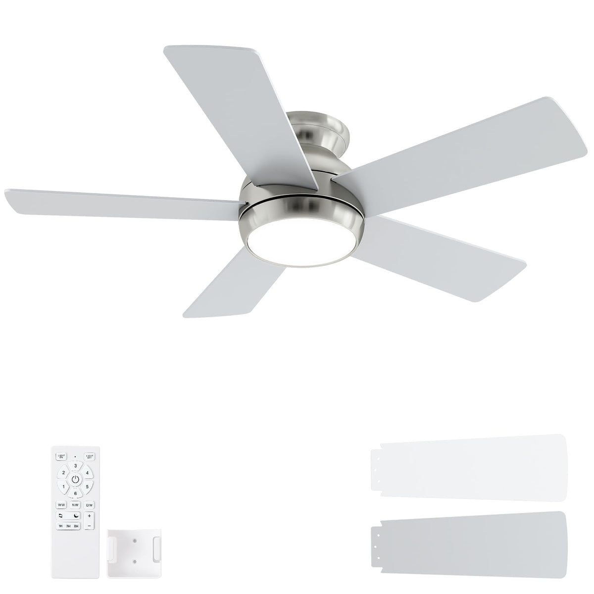 POCHFAN 42-inch brushed nickel ceiling fan with light and remote control for versatile room lighting.