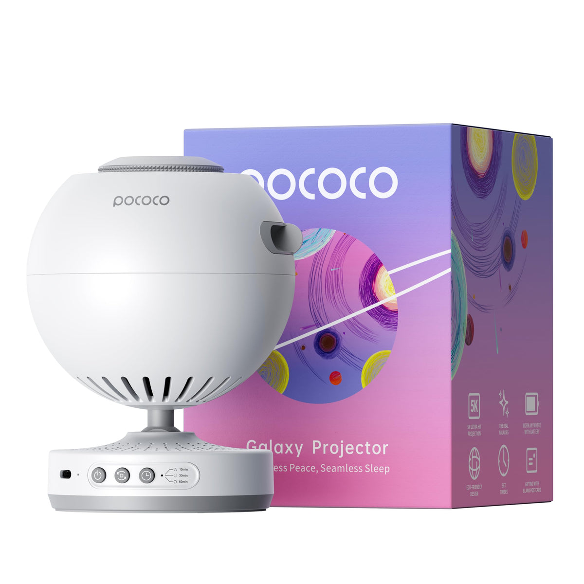POCOCO Galaxy Star Projector front view with vivid star projection for bedrooms.