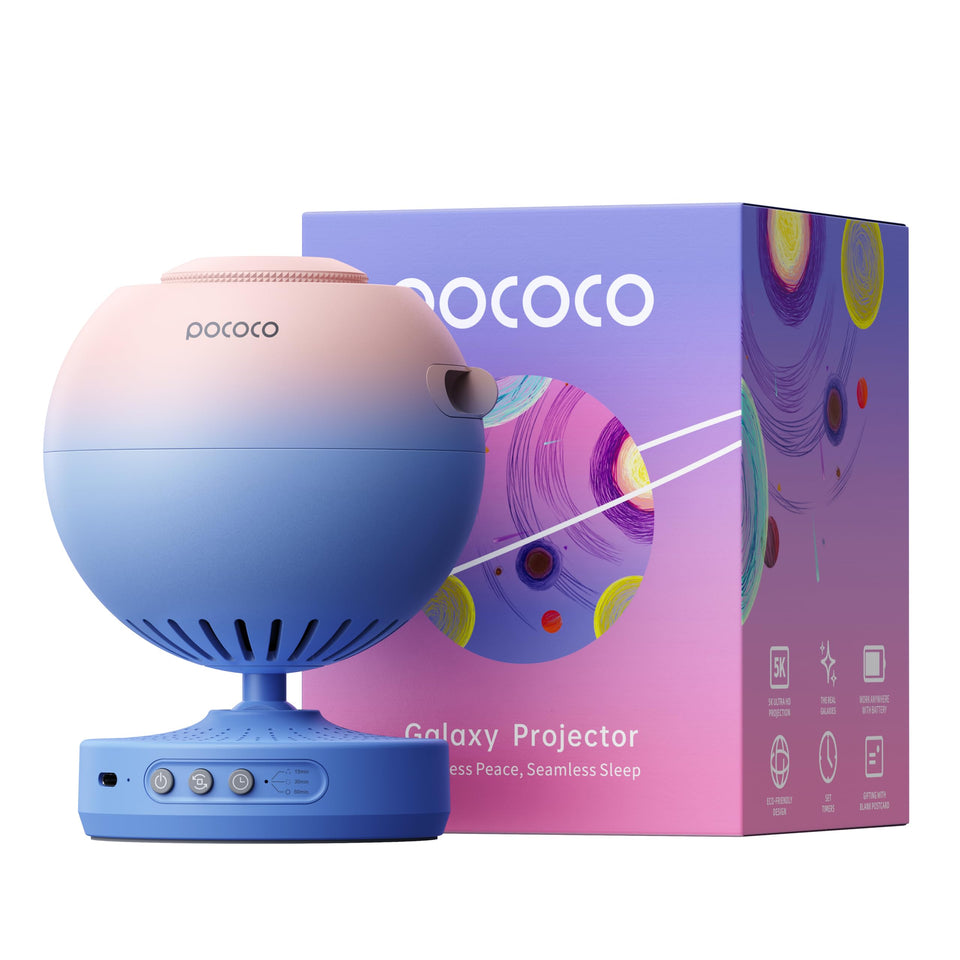 POCOCO Galaxy Star Projector front view shows cozy bedroom ambiance