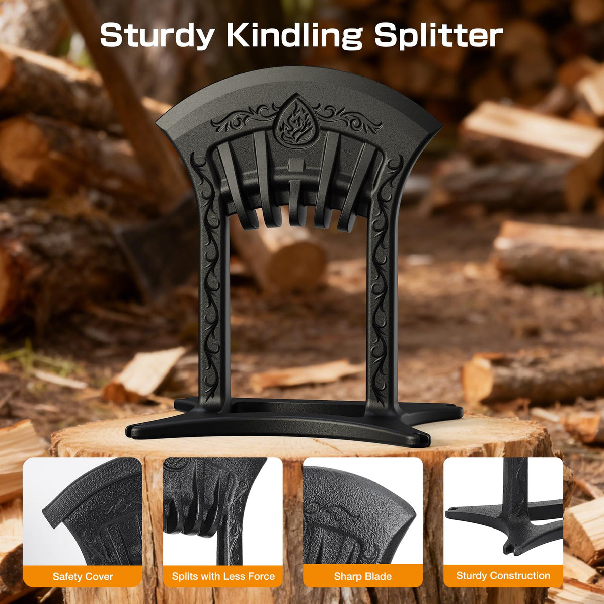 Poffattr cast iron log splitter showcases durability for all-weather use.