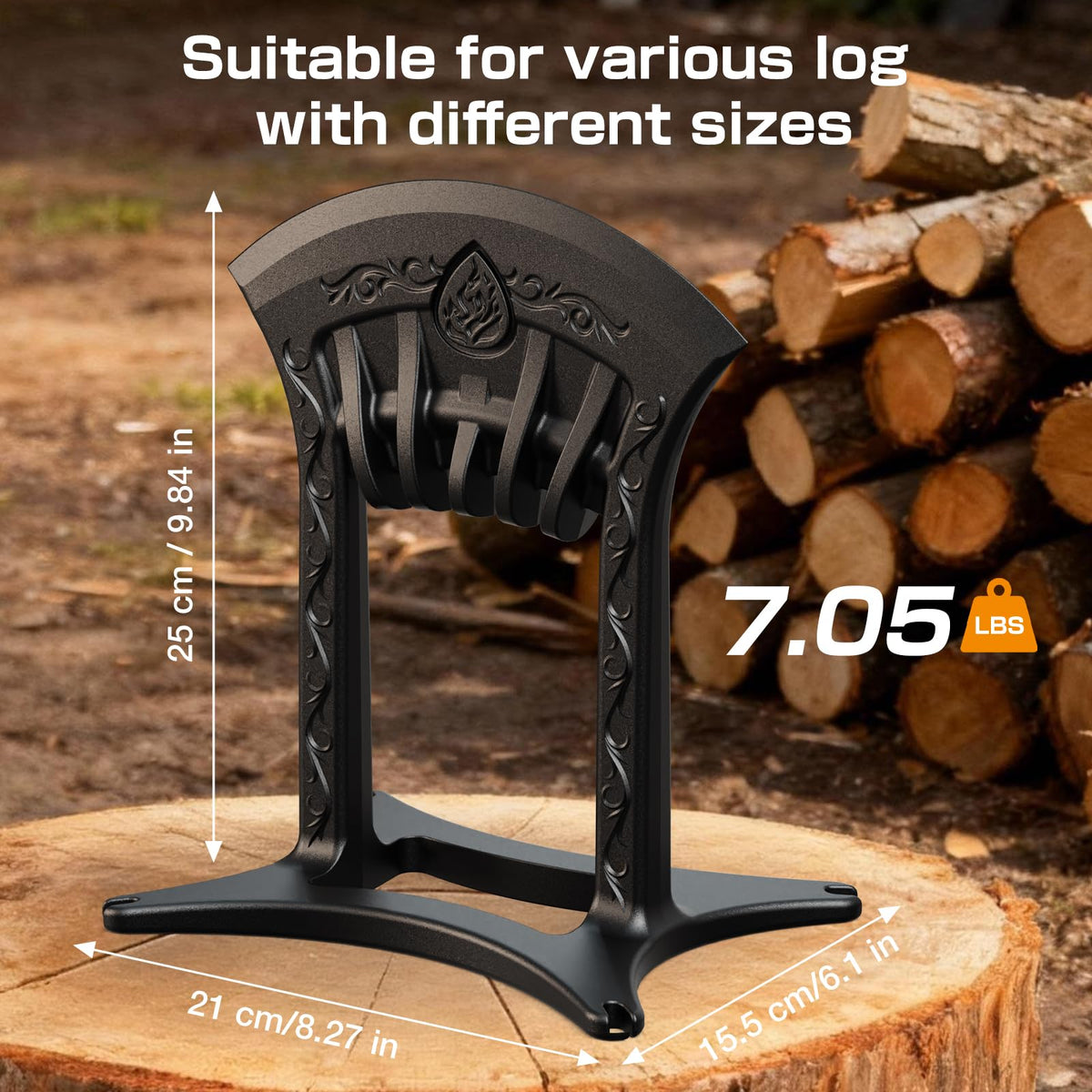 Poffattr splitter base plate provides stability during log splitting.