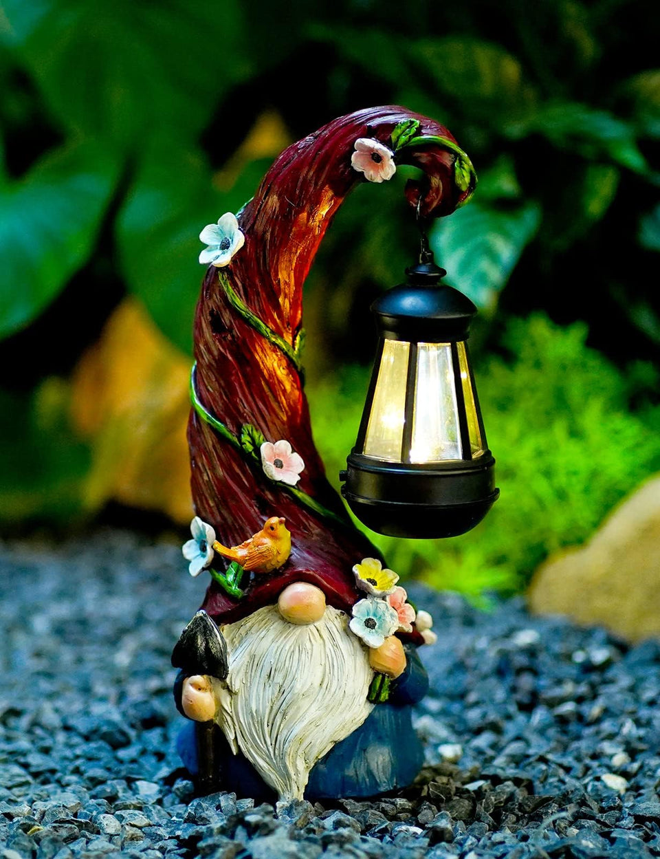 Pohabery gnome garden statue with lantern light for charming outdoor ambiance.