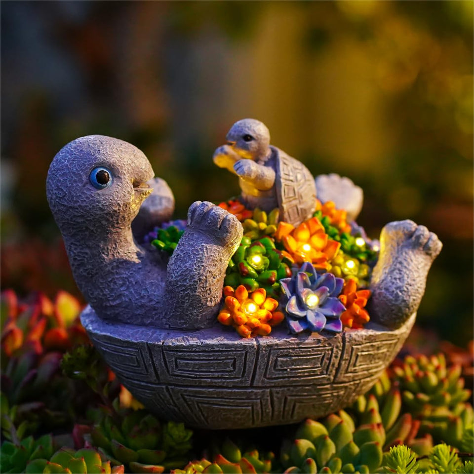 Pohabery solar turtle with mother and baby glowing at dusk for cozy outdoor spaces