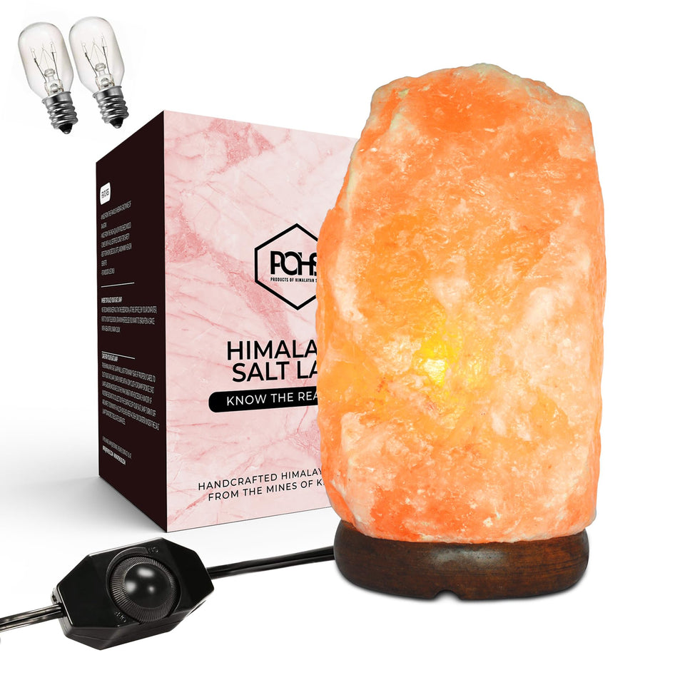 POHS Himalayan Salt Lamp with wooden base enhances warm ambient lighting.